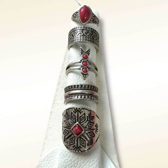 Free People Count Your Lucky Stars Ring Set in Silver Red Western Bohemian - Picture 6 of 8